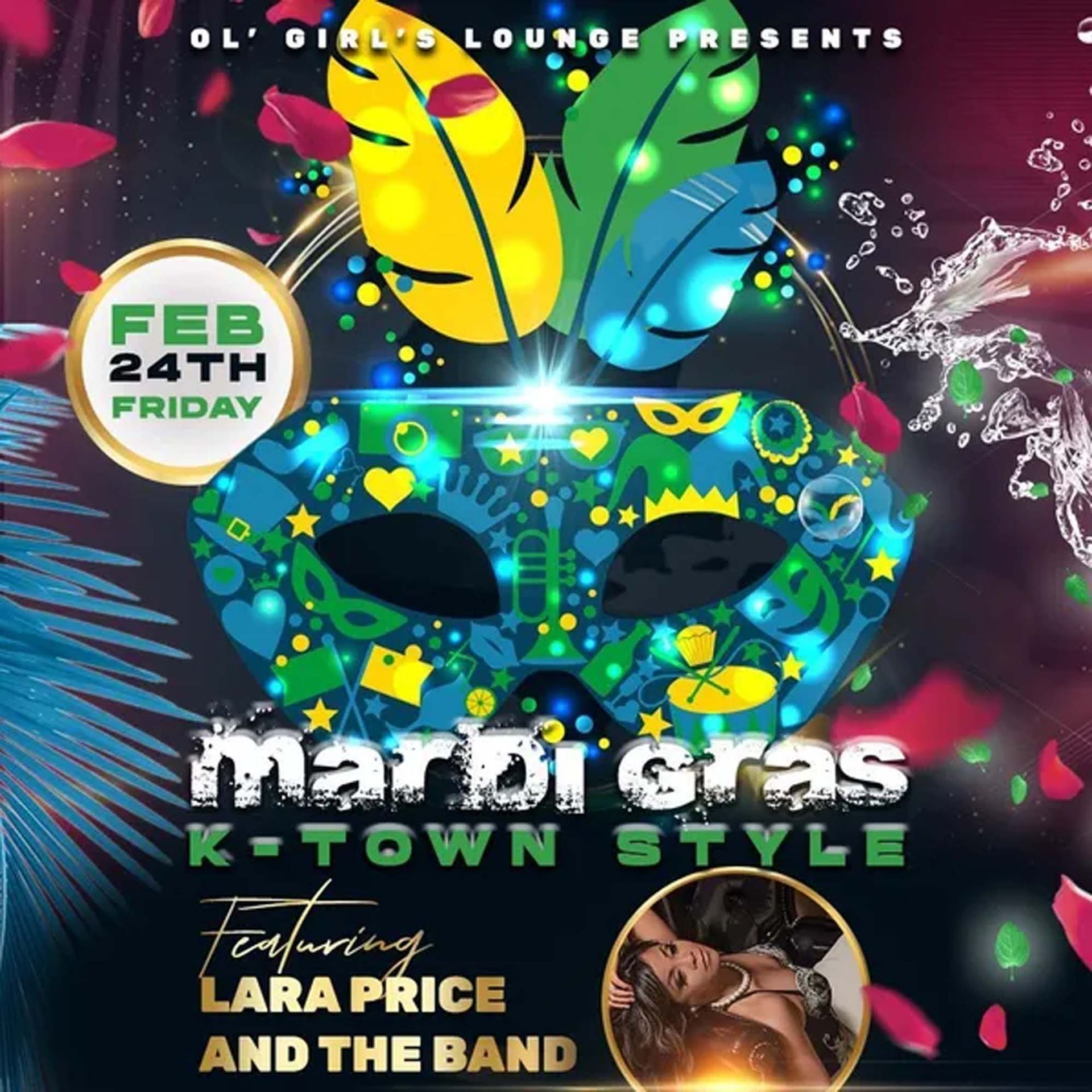 A poster for mardi gras featuring lara price and the band