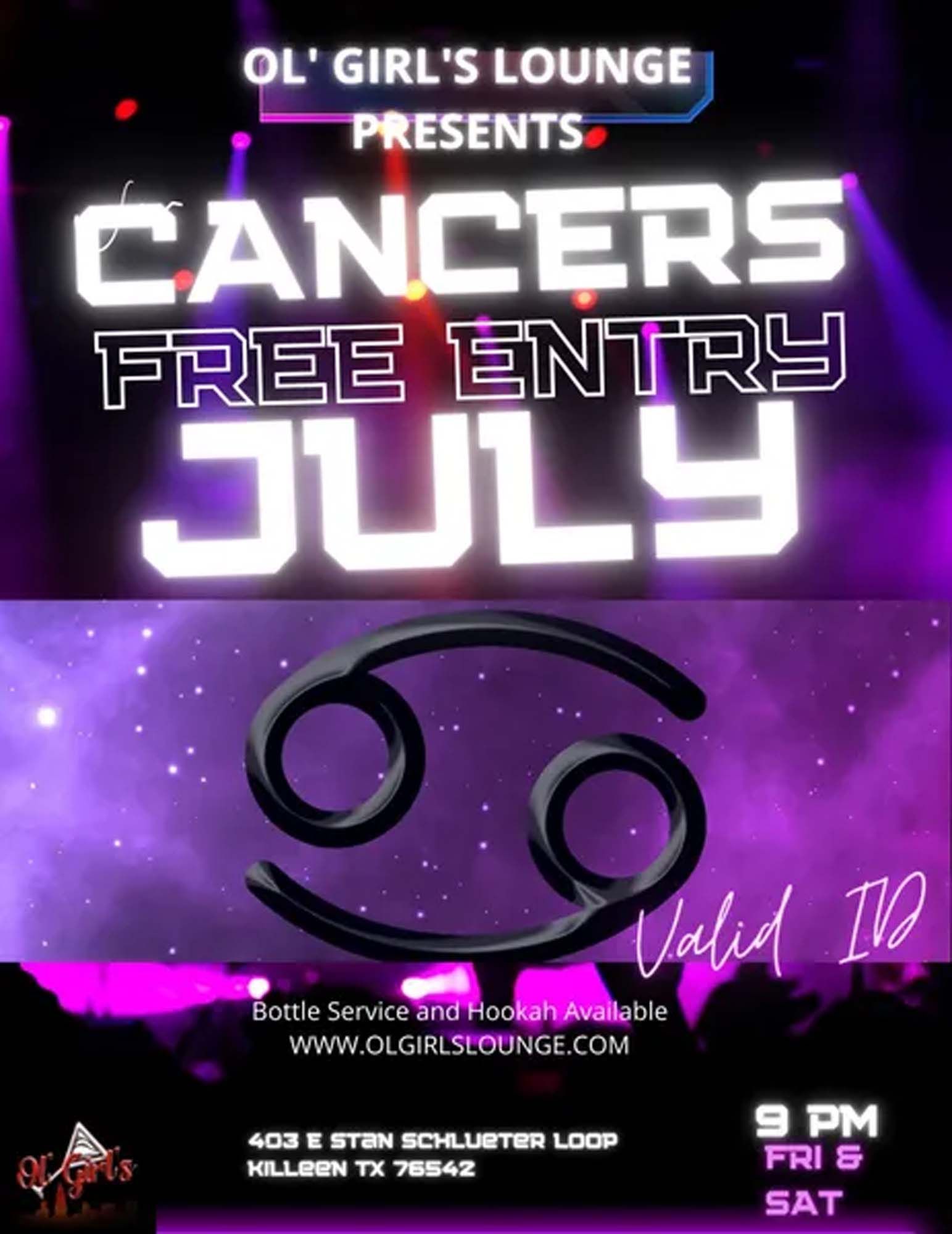A poster for a cancers free entry july event