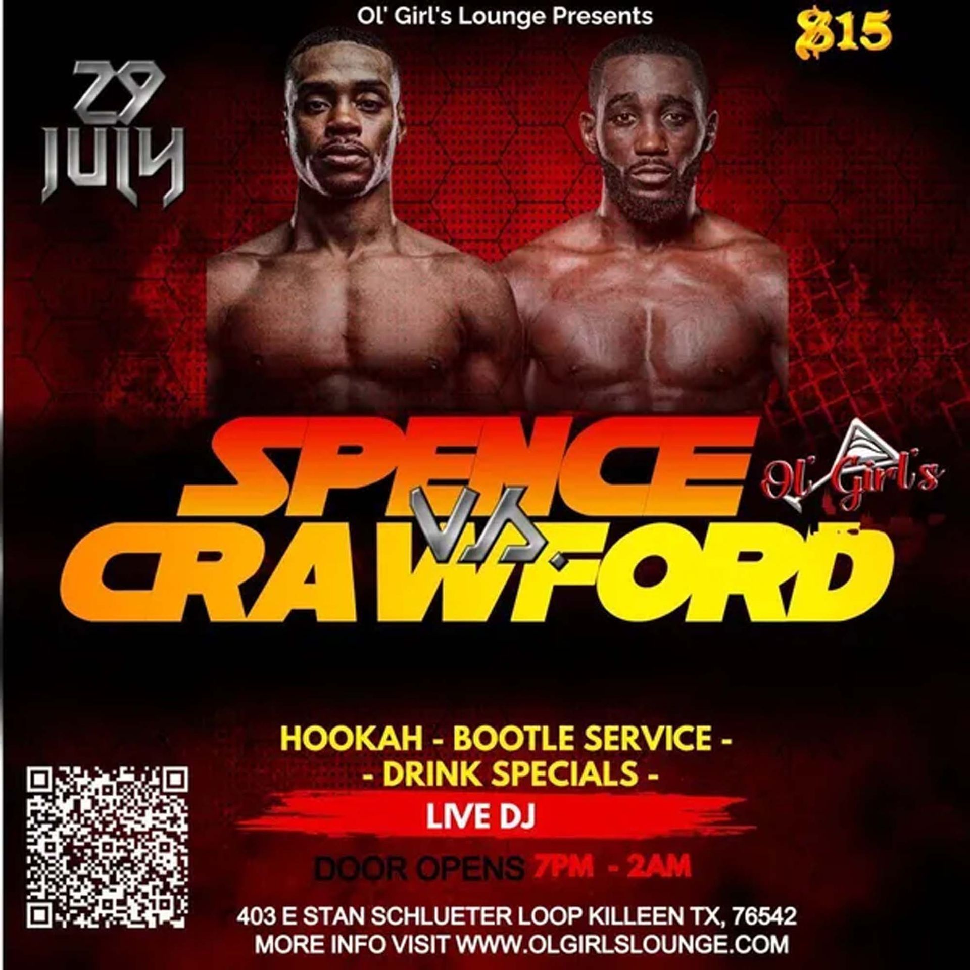 Boxing event flyer at Ol' Girl's Lounge in Killeen, TX featuring Spence vs Crawford. July 29th, $15 entry, hookah & DJ.
