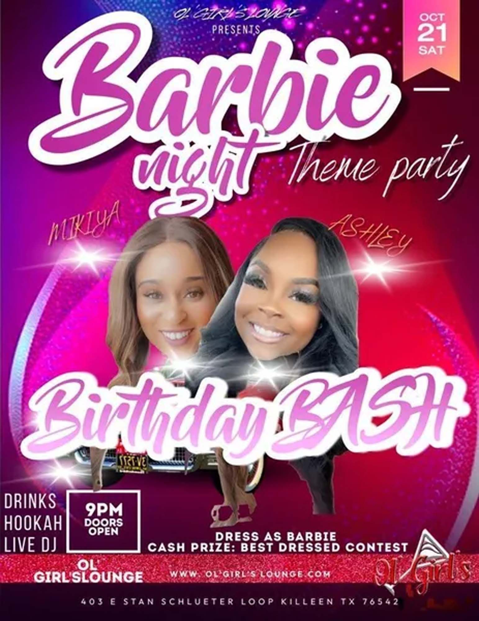 A poster for a barbie theme party with two women on it.