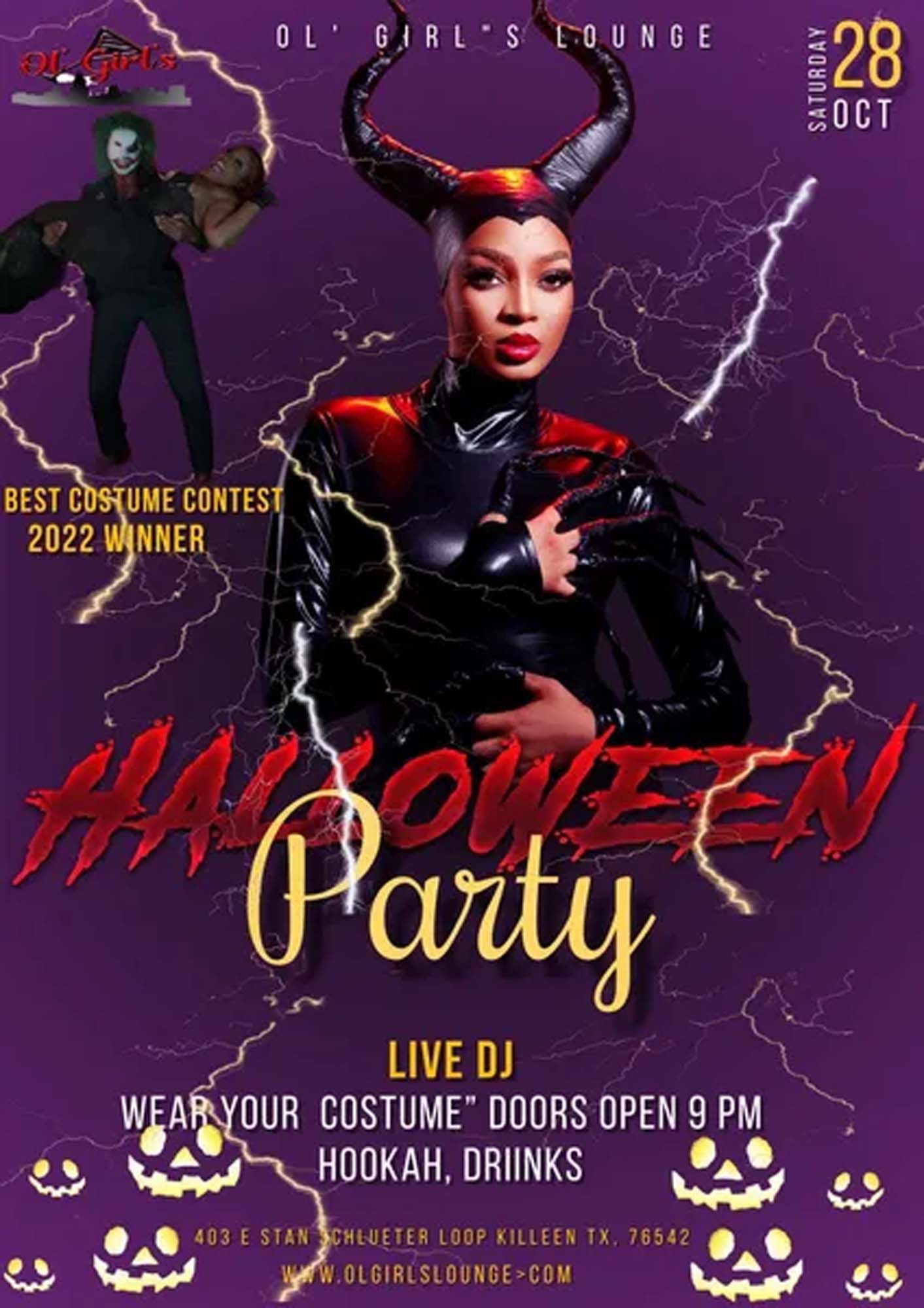 A poster for a halloween party with a woman in a devil costume