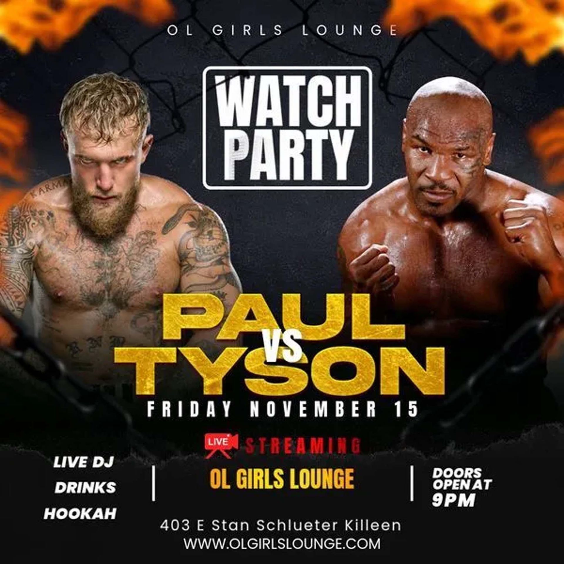 Flyer for a watch party at OL Girls Lounge: Jake Paul vs. Mike Tyson boxing match on November 15.