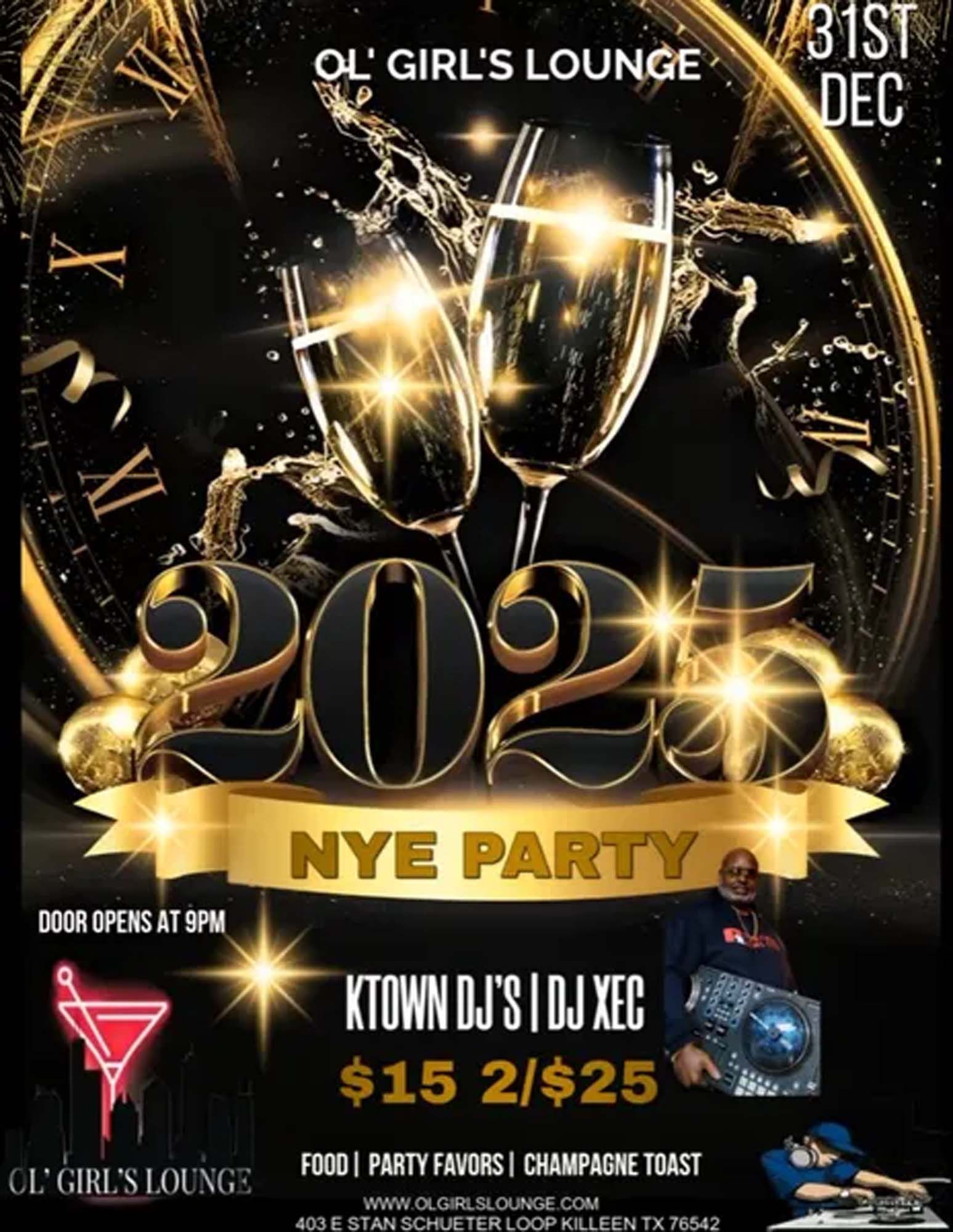 New Year's Eve party at Ol' Girl's Lounge. Features champagne, DJs, and special pricing.