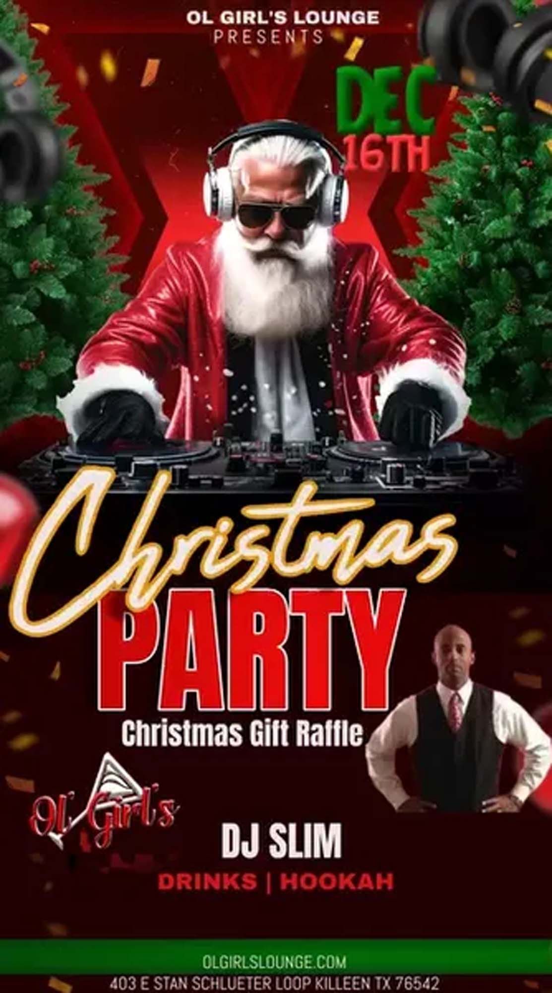 A poster for a christmas party with dj slim