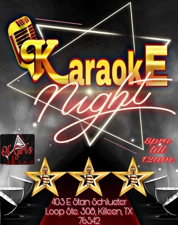 A poster for a karaoke night with a microphone and stars