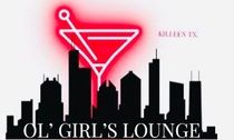 Logo for Ol' Girl's Lounge, Killeen TX, with a cityscape silhouette, martini glass, and red neon accents.