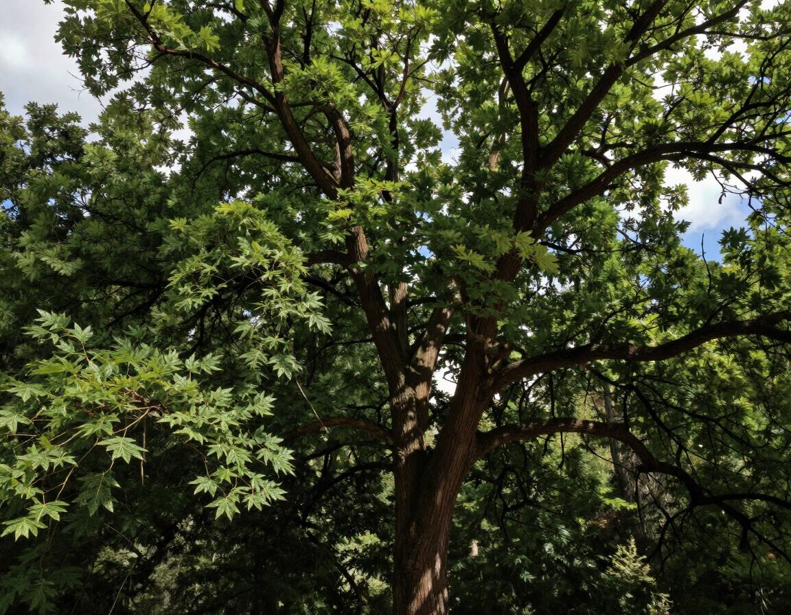 Large leafy tree with a thick trunk and green foliage against a partly cloudy sky