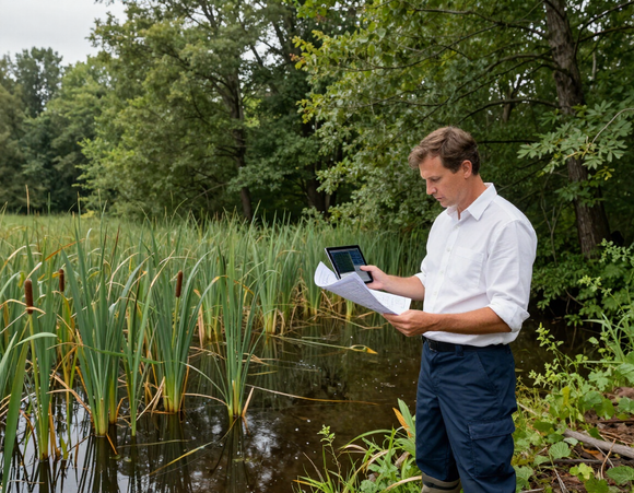 Consultant reviewing site plans near a wetland