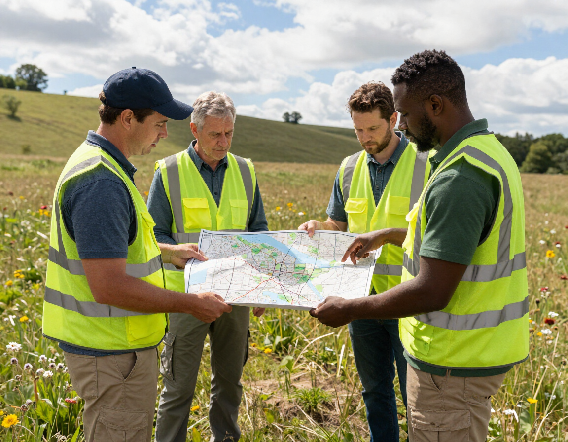 Field team conducting a site walk and reviewing maps