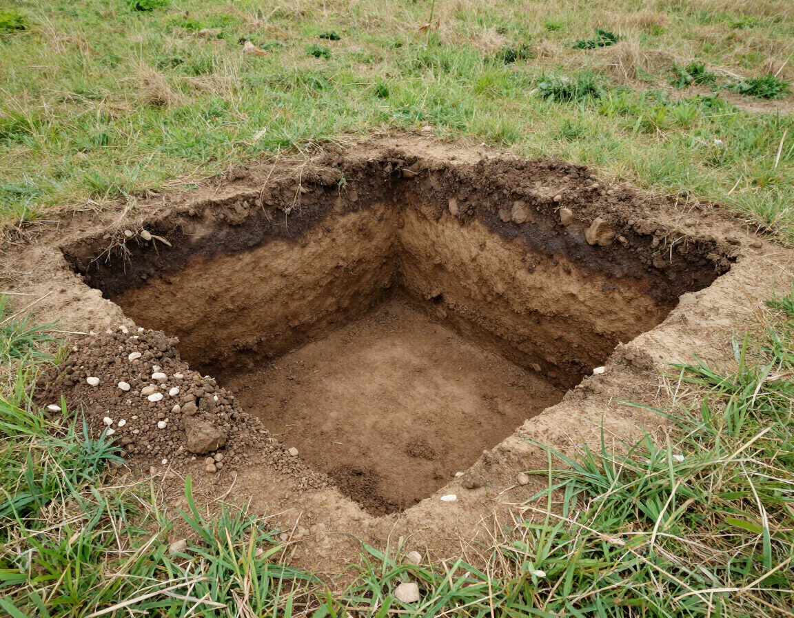 Square dirt hole dug in a grassy field