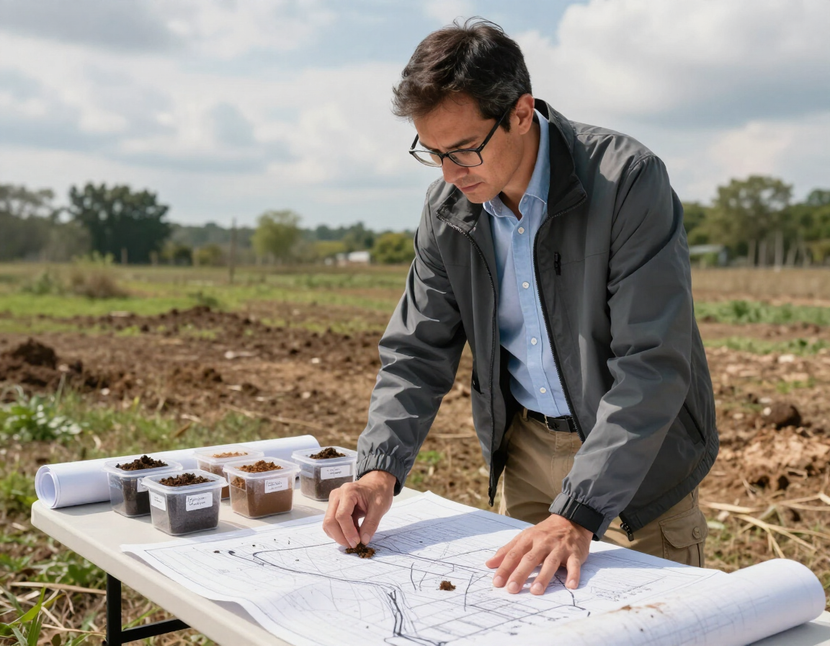 Consultant reviewing site plans and soil samples