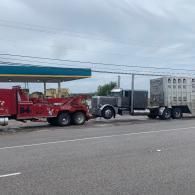 Two semi trucks, one red and one gray, parked beside a gas station under a cloudy sky.