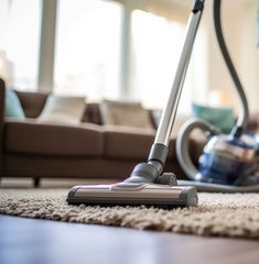 A vacuum cleaner is sitting on a rug in a living room.