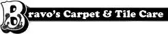 A black and white logo for bravo 's carpet and tile care.