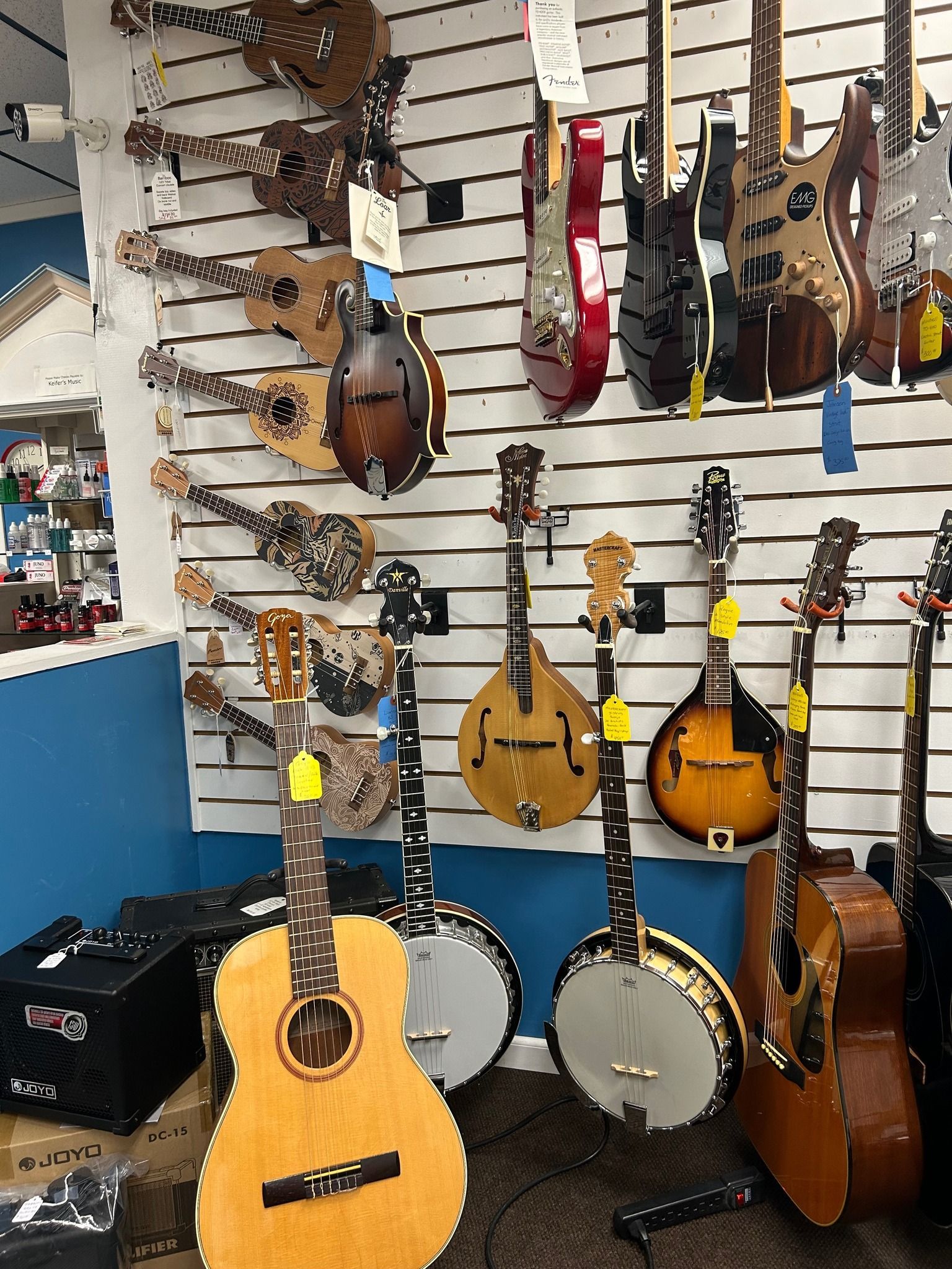 Musical instruments hanging on a wall in a shop: banjos, mandolins, and guitars.