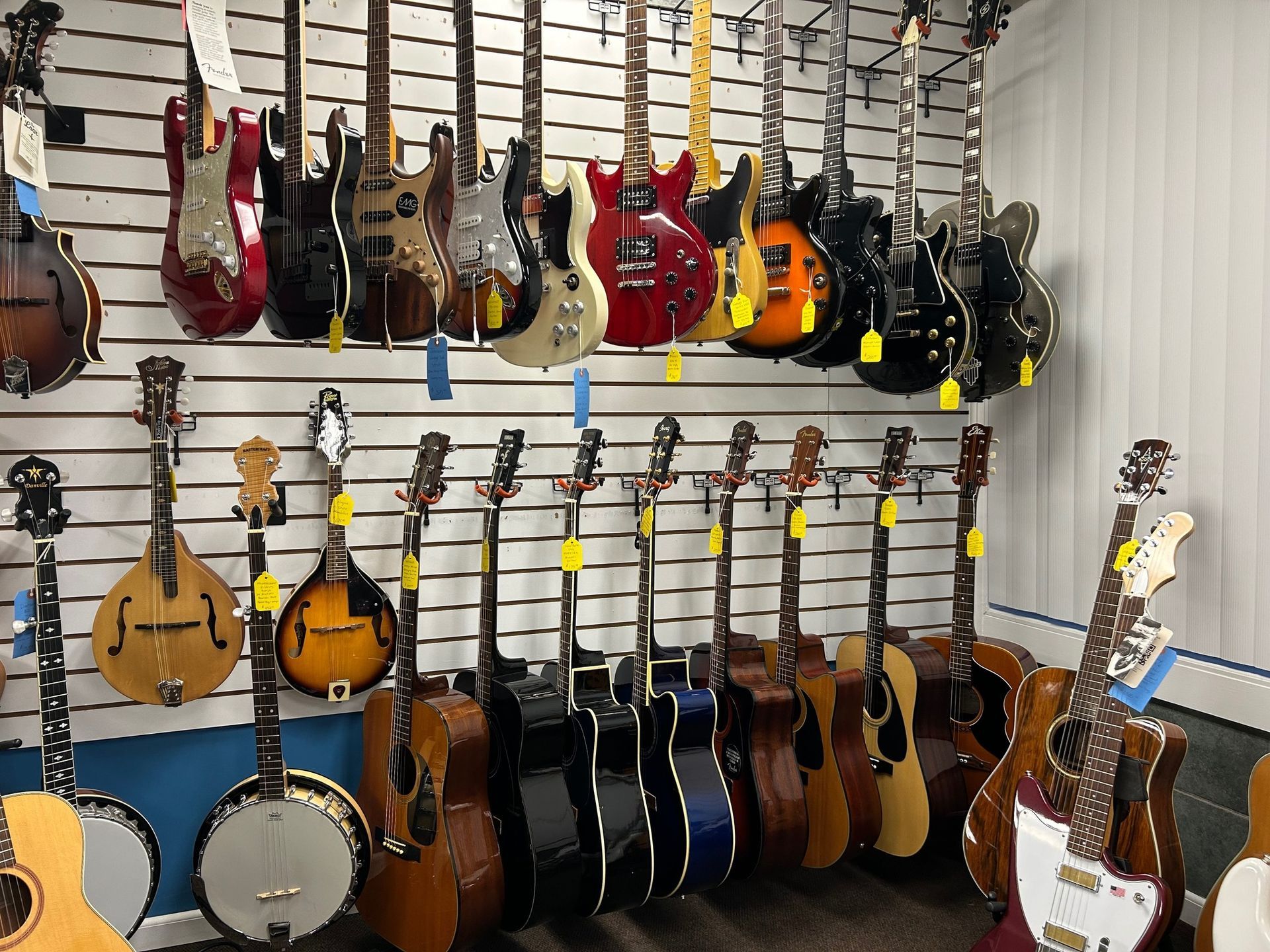 Guitars and other stringed instruments displayed on a wall in a music store.