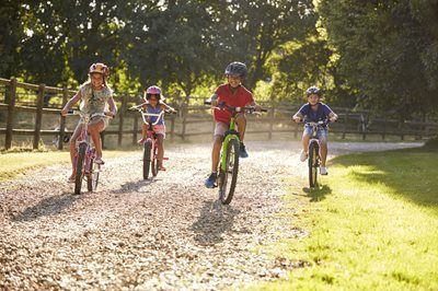 Four children riding bicycles on a sunlit gravel path beside a wooden fence and grassy field