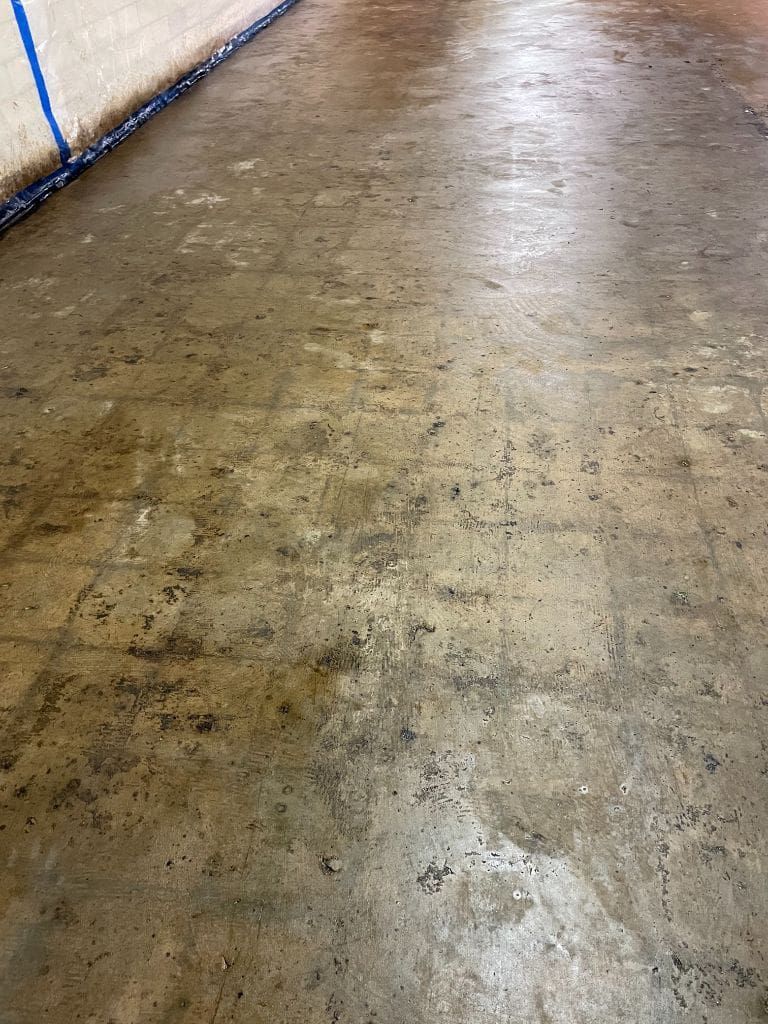 A close up of a dirty concrete floor with a blue border.