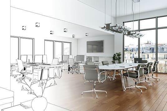 A modern office space blending a realistic image with a sketch of its layout, featuring large windows and a conference table.