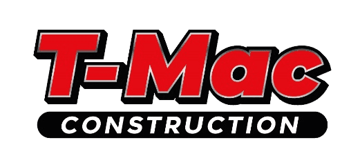 Return to Homepage Logo for T-Mac Construction, red text with black outline, over a black bar with the word