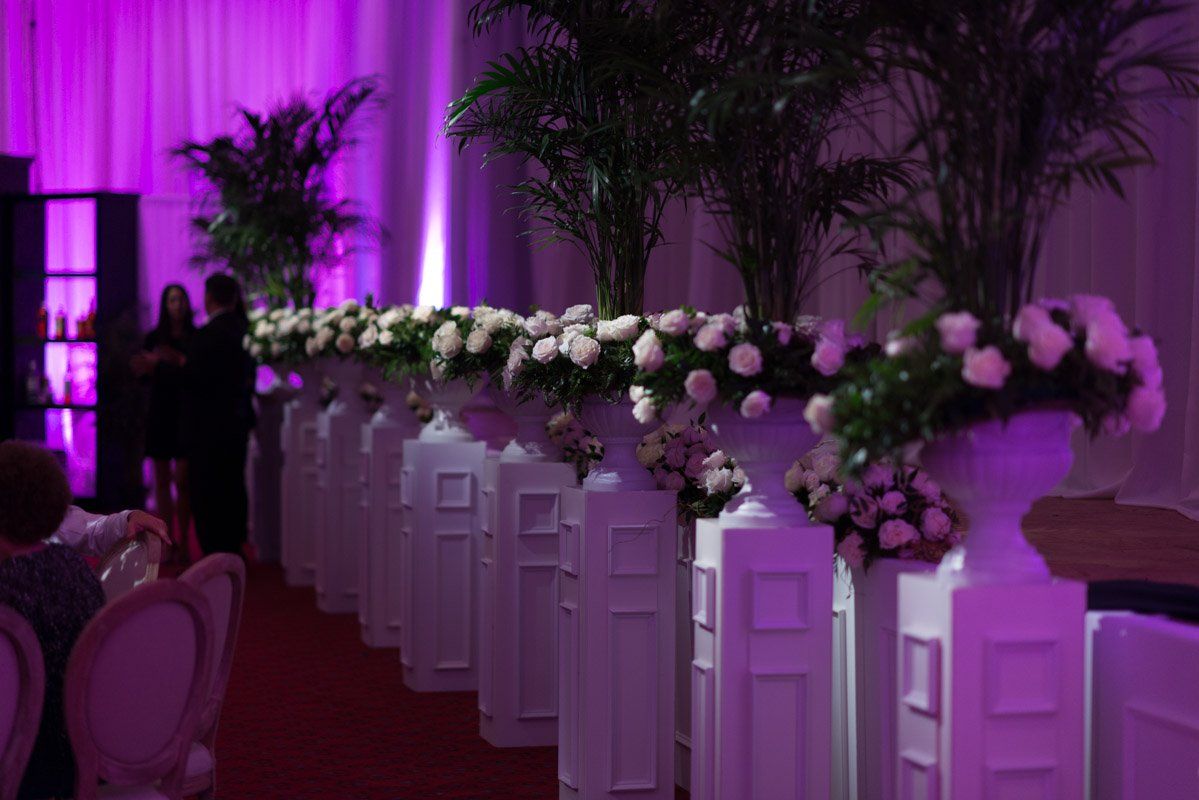 Row of white floral arrangements atop columns, under purple lighting.