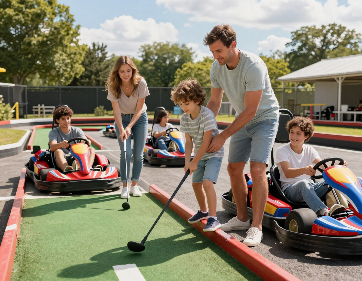 Family playing mini golf and go-karts