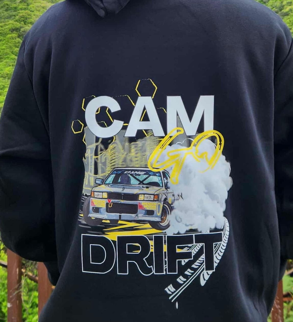 Black hoodie with a car drifting design; 