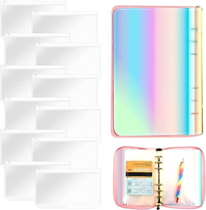 SAVITA A6 Ringbandmappen met Rits 6 Ring Cash Budget Binder met 12 Transparante Zakken PVC Waterdichte Envelop Binder (Laser Color)