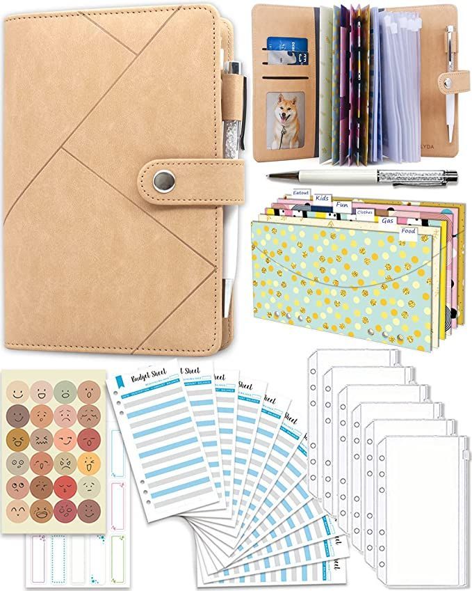 Budget Binder met ritssluiting Cash Enveloppen Lederen A6 Geld Saving Binder Notebook met PVC zakken Cash Enveloppen Stickers en Pen 28 items Lineair Kaki