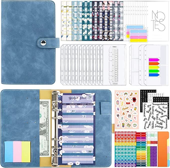 JOYBOY Budget Binder,Budgetvellen,6 Gaten Budget-Bindmiddel met Bindmiddelen,Tassen,Budgetbladen,Etiketstickers,voor Cash Budgeting Geld Saving Enveloppen Organizer(Denim Blauw)