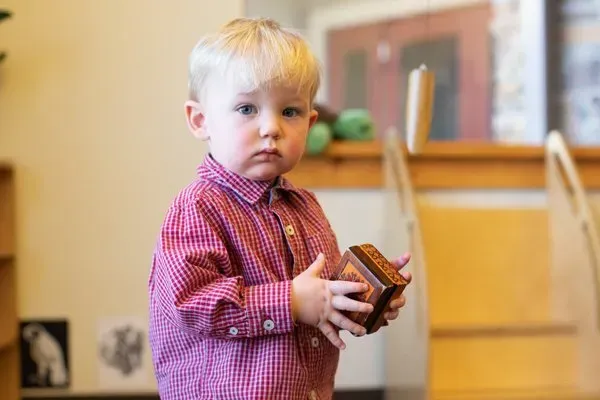 A young boy in a red plaid shirt is holding a wooden block.