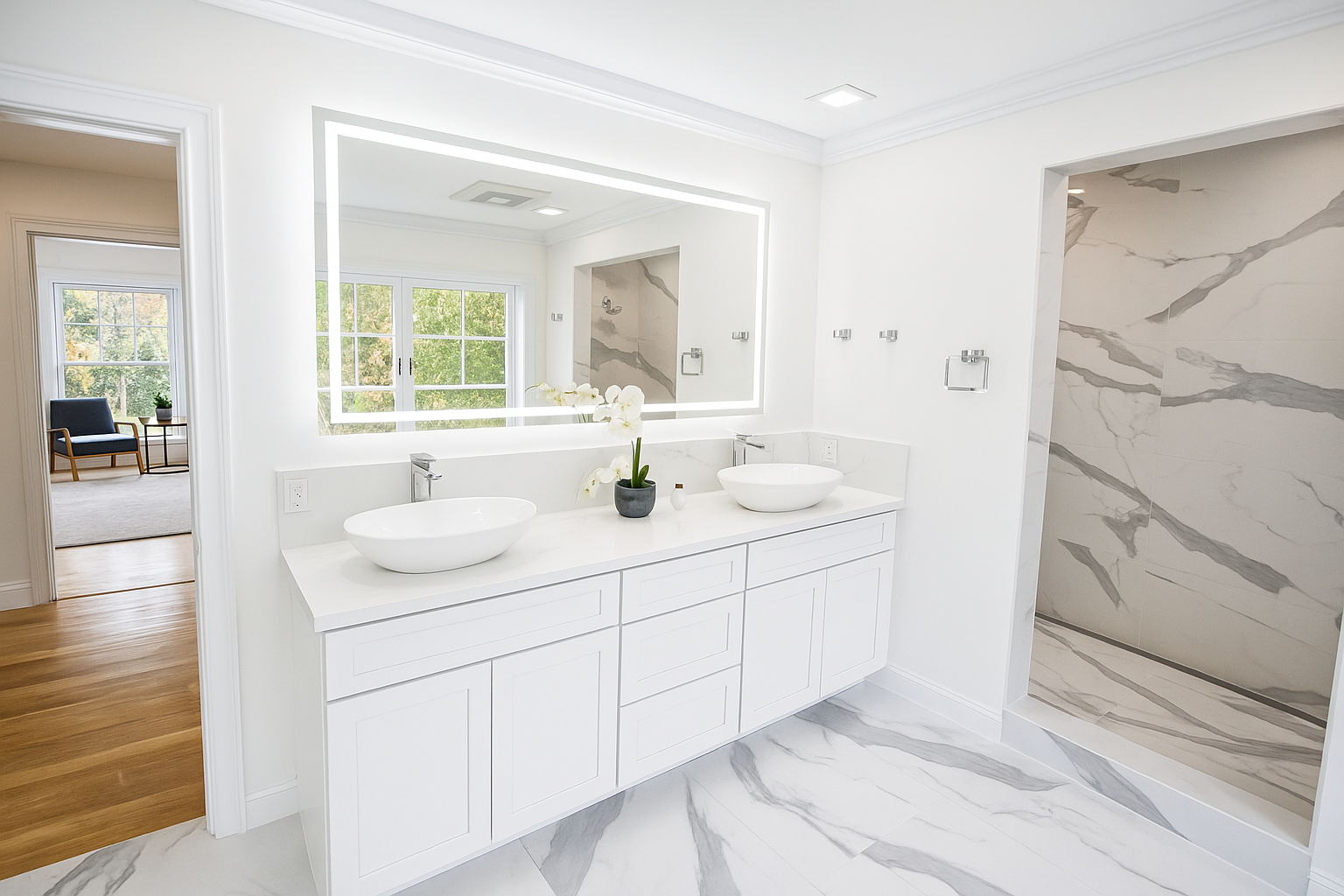 A bathroom with two sinks and a marble floor