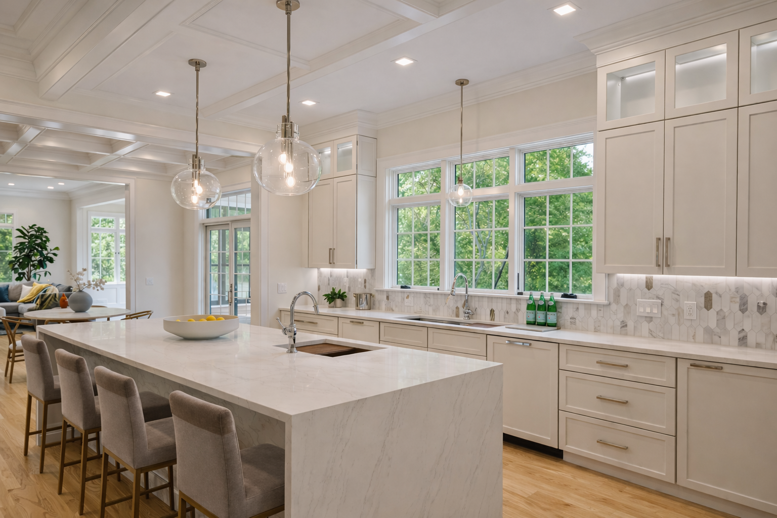 A kitchen with white cabinets , white counter tops , and a large island.