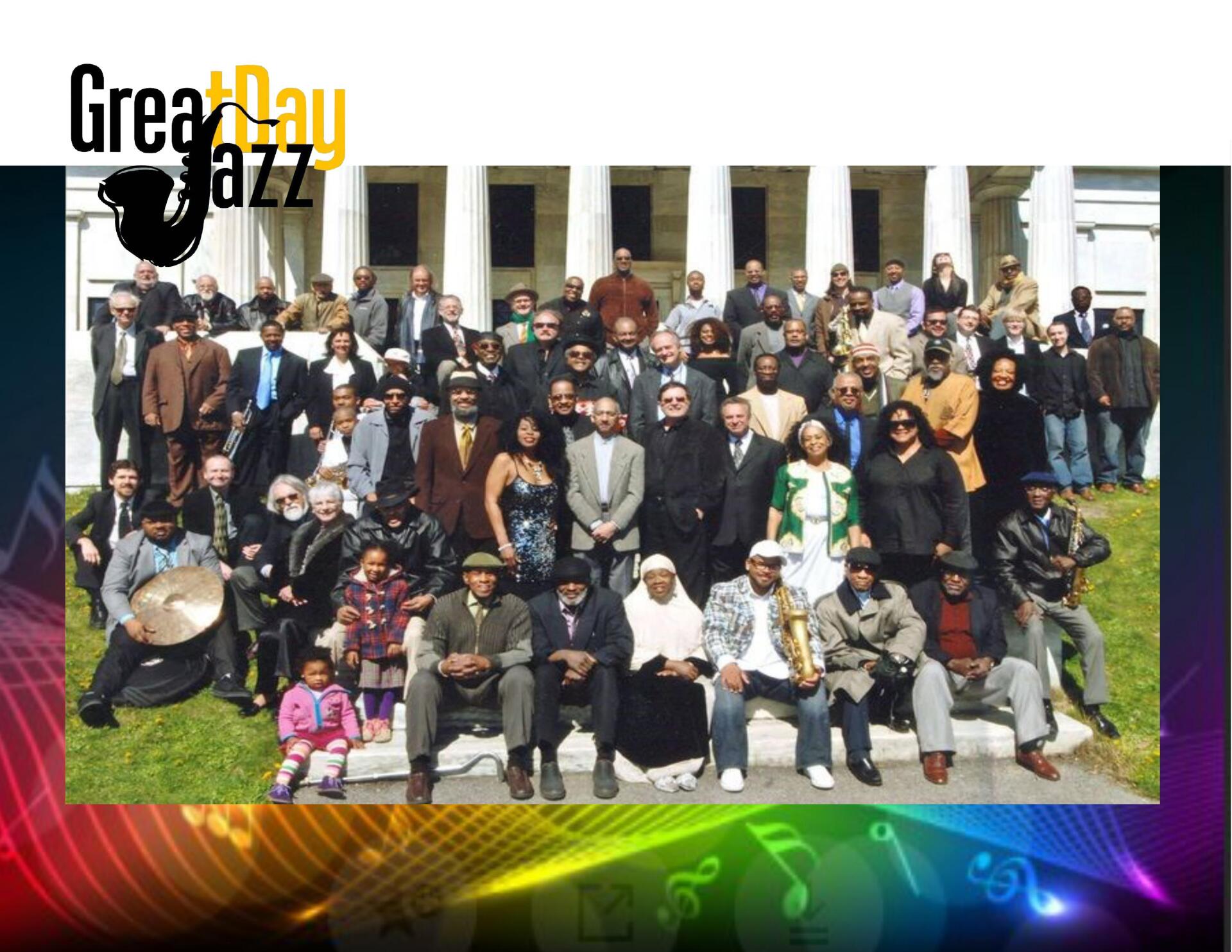A large group of people are posing for a photo with the words great day jazz in the background