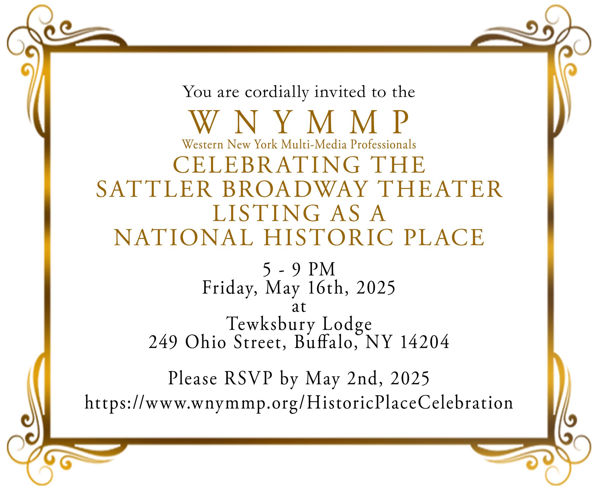 An invitation to the wymmp celebrating the sattler broadway theater listing as a national historic place