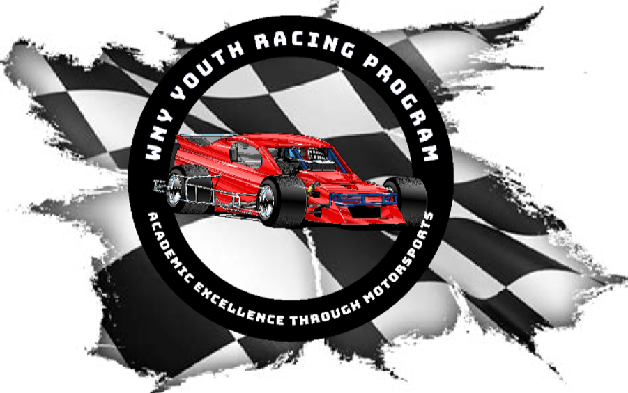 A logo for a youth racing program with a checkered flag in the background