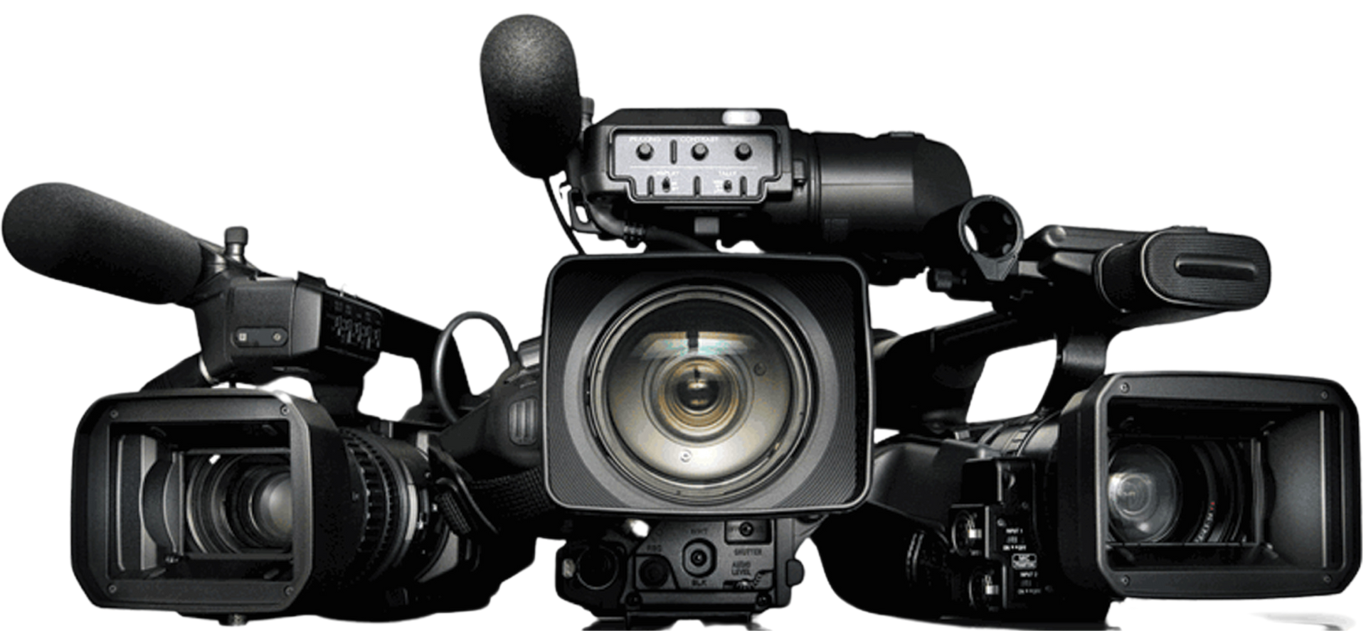 Three video cameras are stacked on top of each other on a white background