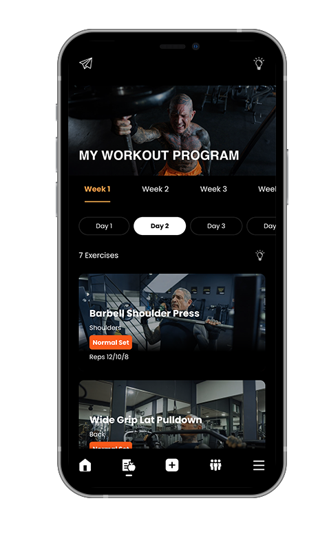 A cell phone with a workout program on the screen.