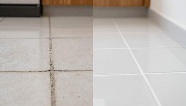 Close-up of a tiled floor with grout lines and cabinet bases in the background.