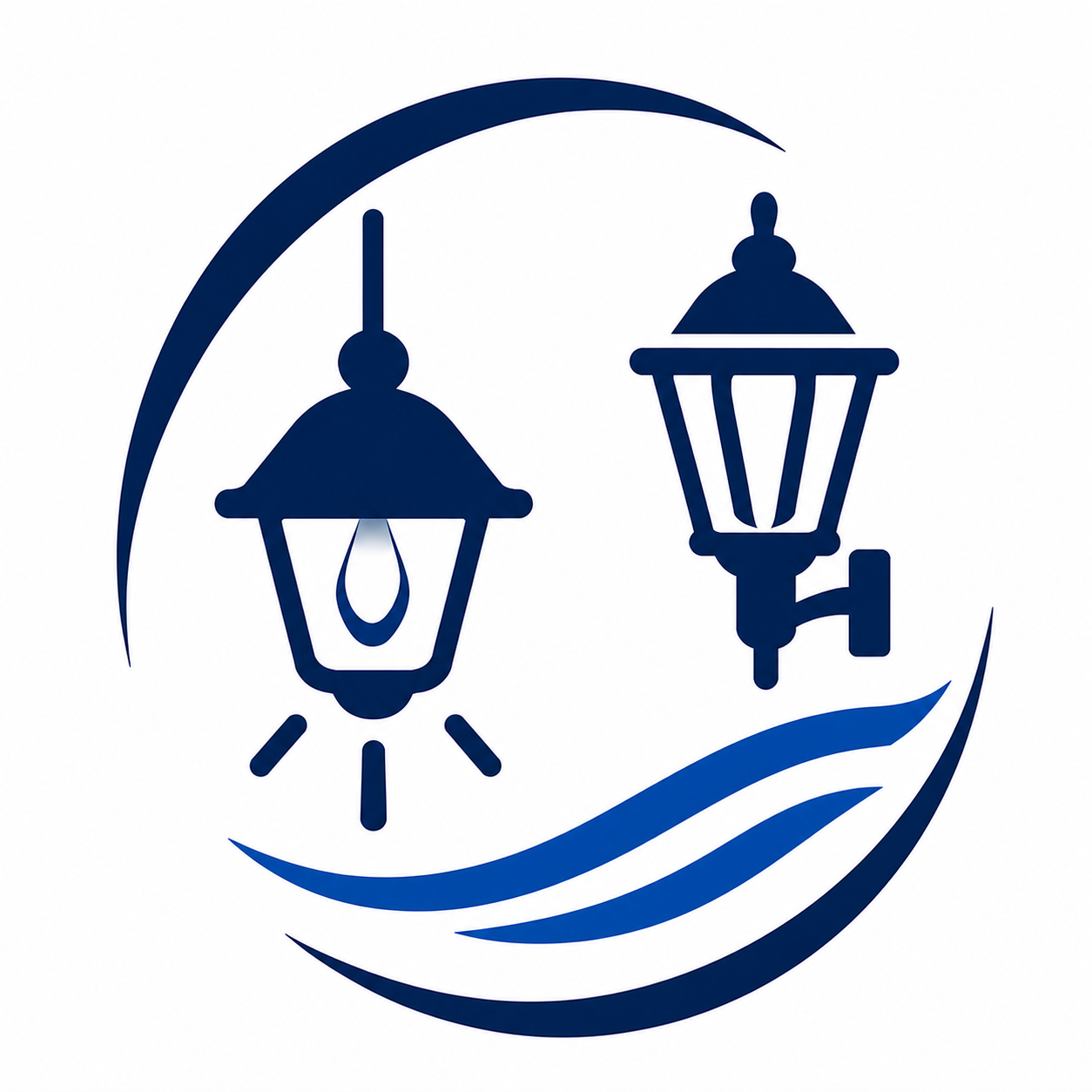 Blue logo of two street lamps with a swooping arc and wave lines underneath