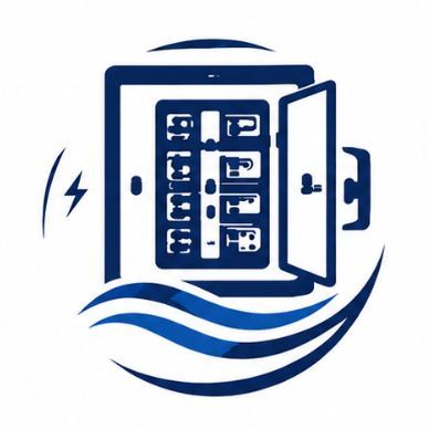 Blue electrical panel icon with open door, lightning bolt, and wave lines below