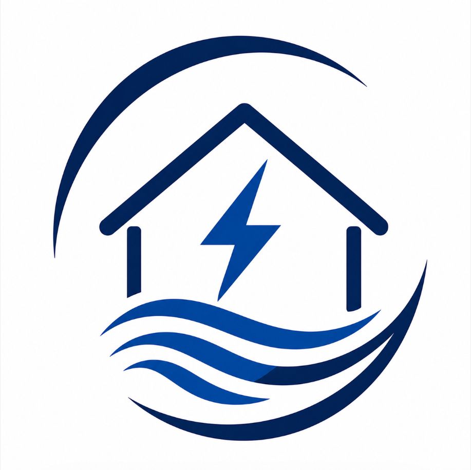 Blue house logo with a lightning bolt and wave lines inside a circular swoosh