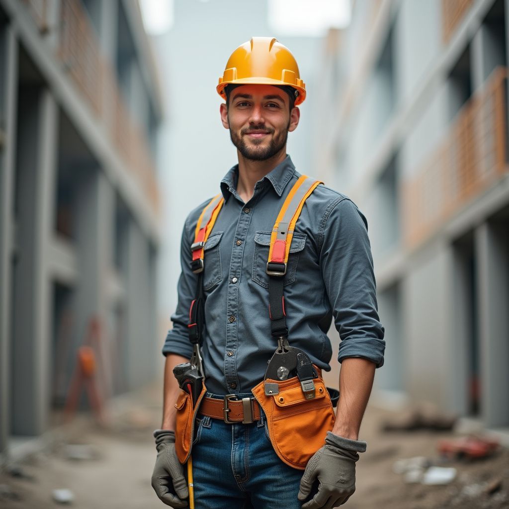 Construction worker in orange hard hat and safety vest standing in an urban alley.