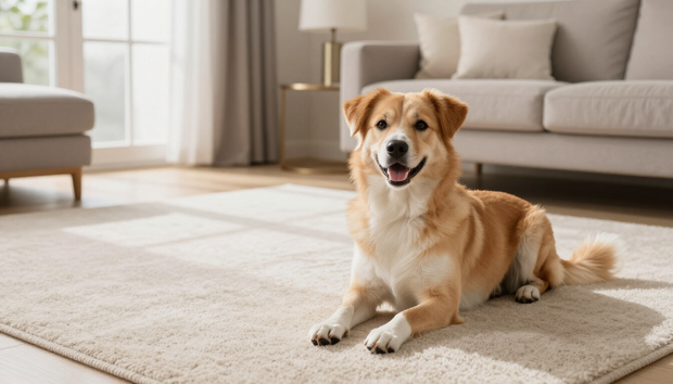 Golden retriever lying on a beige rug in a bright living room, looking at the camera.