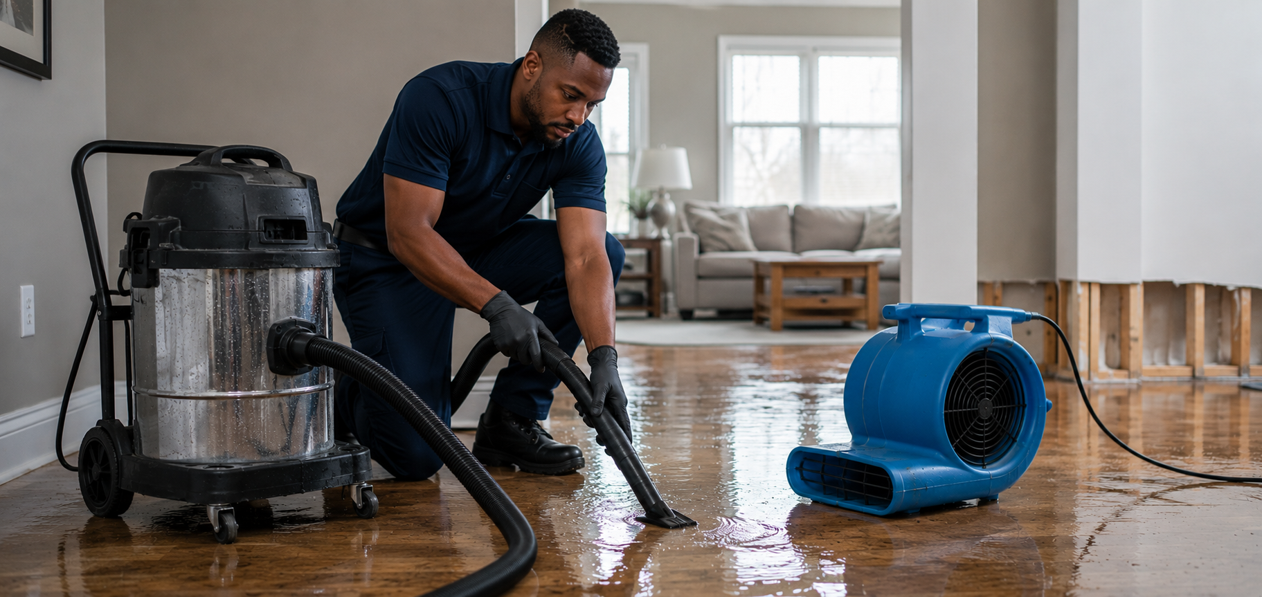 Person cleaning water from a hardwood floor with a wet/dry vacuum and a blue fan nearby
