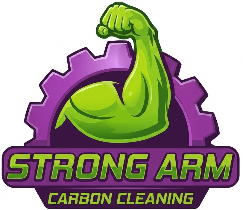 Logo of a green flexed arm on a purple gear with &ldquo;STRONG ARM CARBON CLEANING&rdquo; text