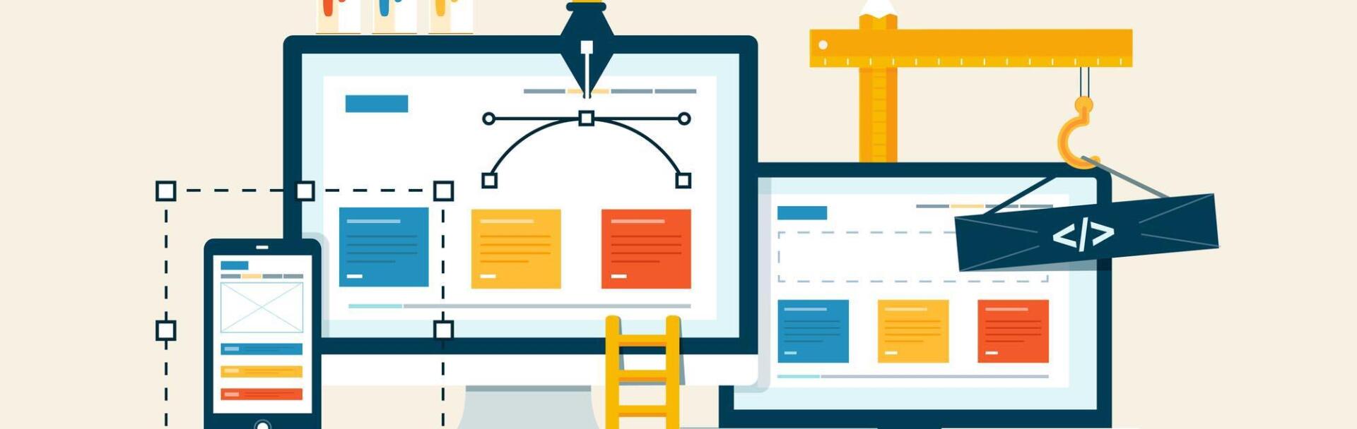 A cartoon illustration of a website being built.