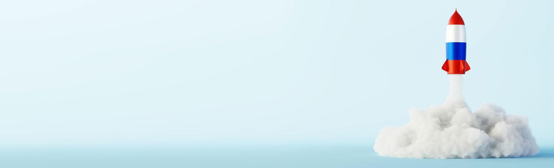 A red , white and blue rocket is taking off from a blue background.