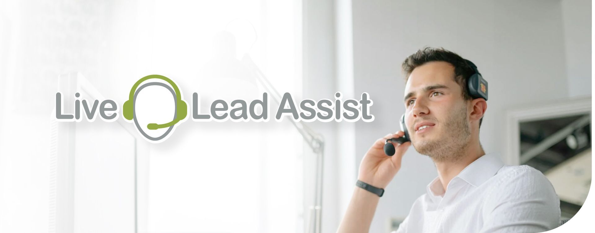Live Lead Assist logo beside a man in a white shirt talking on a phone in an office
