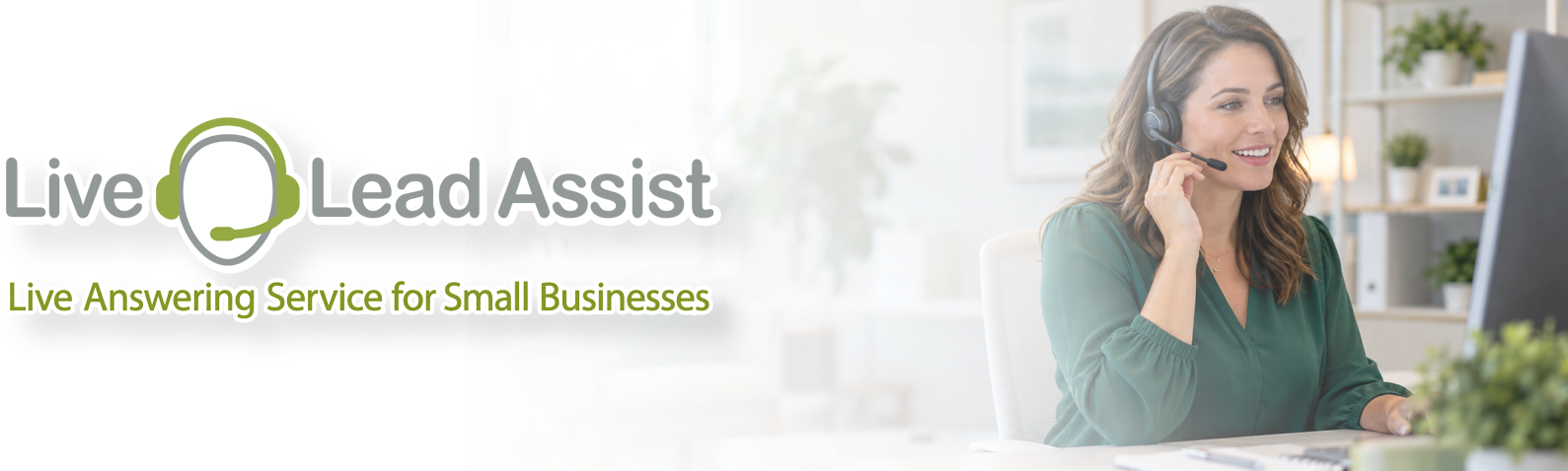 Live Lead Assist banner with logo, phone icon, and a woman smiling on a phone in a bright office setting